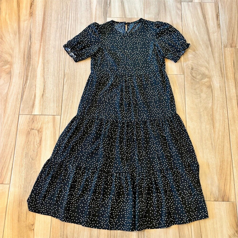 Pretty Garden Dress Womens Small Black White Polka Dot Tiered Midi Puff